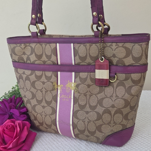 Coach Brown Purple Vintage Signature Coated Canvas Tote - Picture 2 of 16